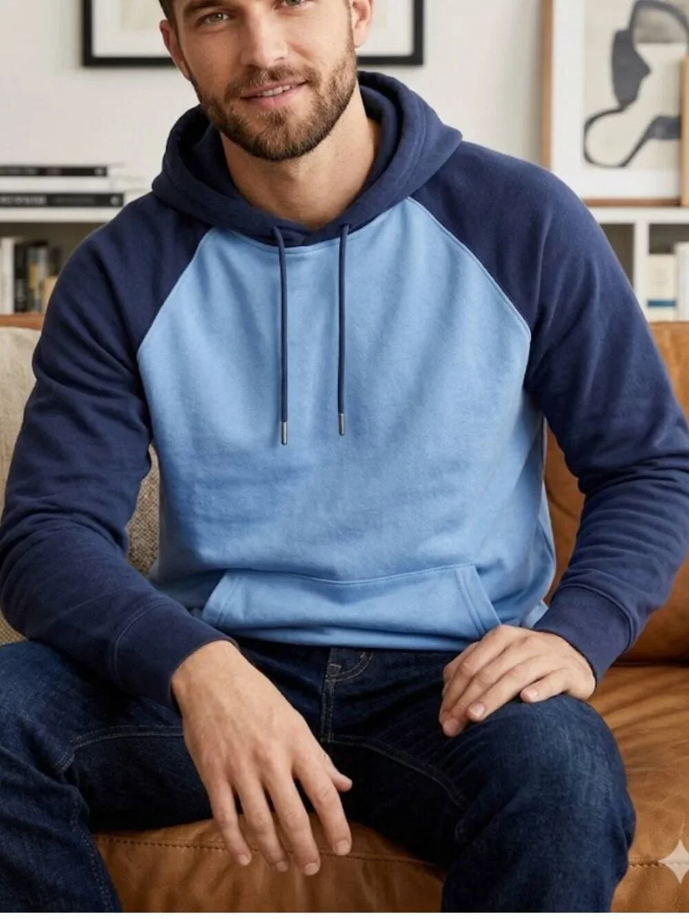 J.Crew Men's Large Two-Tone Blue Fleece Raglan Hoodie Sweatshirt
